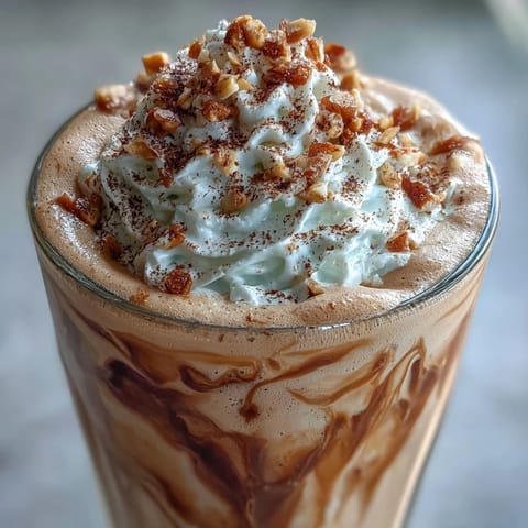 Creamy Hojicha milkshake topped with whipped cream and crushed nuts, served in a chilled glass.