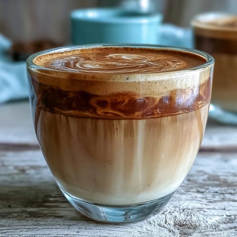 Warm Hojicha Cortado in a clear glass showing creamy steamed milk layered with rich roasted tea.