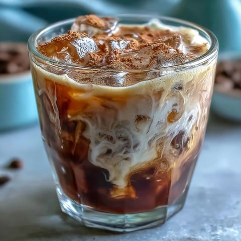 Iced Hojicha with Cinnamon tea is served over ice in a clear glass, garnished with a light dusting of aromatic spice.