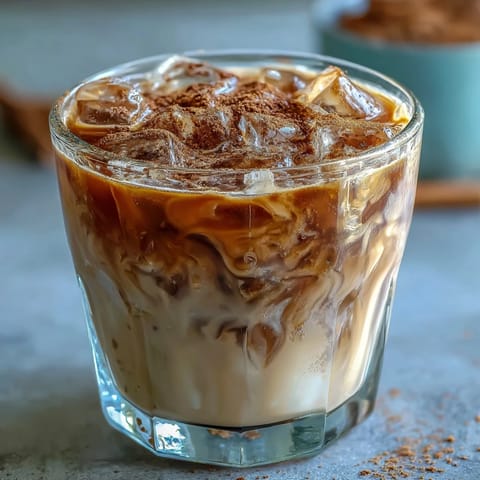A creamy glass of Iced Hojicha with Cinnamon, featuring roasted tea and oat milk, perfect for a cozy afternoon refreshment.