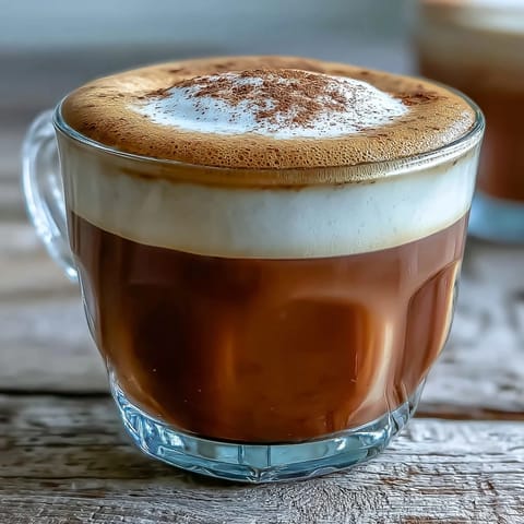 Hojicha Macchiato in a white demitasse cup, the roasted green tea's deep brown hue topped with a fluffy cloud of steamed milk foam.