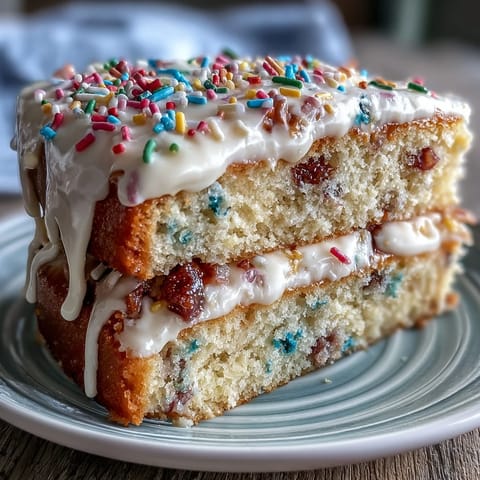 A cheerful Spring Funfetti Cake topped with pastel buttercream rosettes, perfect for birthdays, baby showers, or Easter gatherings.  
