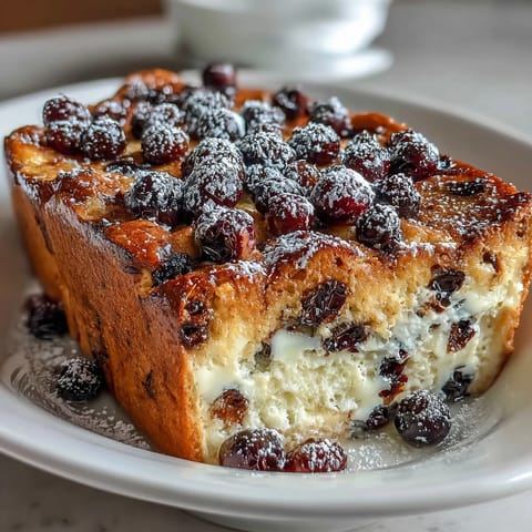 Baked blueberry pancake casserole with golden edges and juicy berry bursts, ready for a cozy brunch spread.