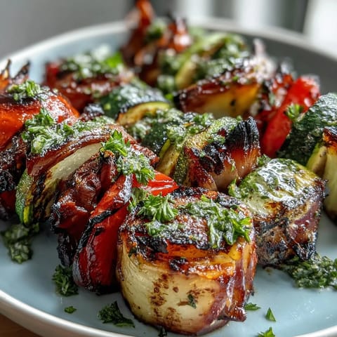 Colorful summer grilled veggie skewers with chimichurri, featuring charred zucchini, bell peppers, and mushrooms.