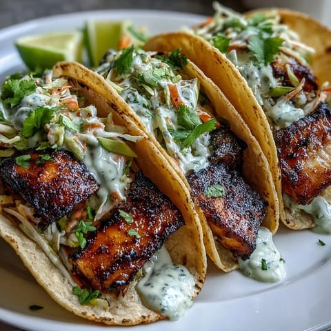 Tender white fish marinated in coconut milk and lime, grilled to perfection, served in tacos with vibrant slaw and creamy drizzle.