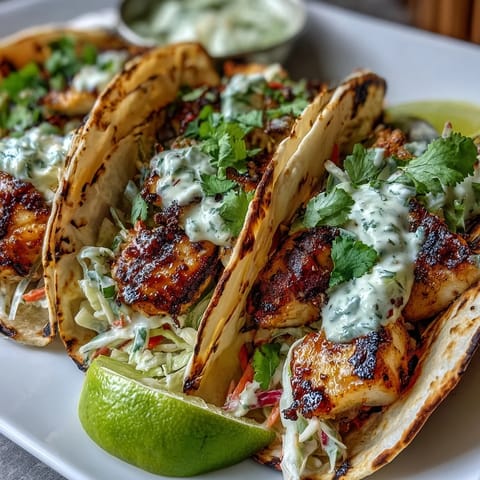 Zesty grilled fish tacos with coconut-lime marinade, topped with crunchy red cabbage slaw and tangy crema in warm tortillas.