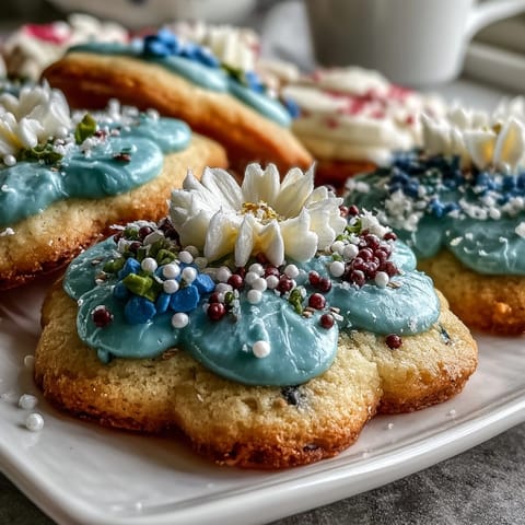 Delicate flower-shaped shortbread cookies with colorful royal icing, perfect for spring celebrations and tea parties.