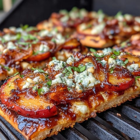 Grilled flatbread with BBQ sauce, melted Brie, and sweet peaches topped with fresh basil and arugula.
