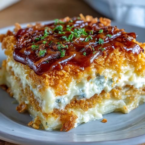 Golden cheesy hash brown casserole baked with crispy cornflake topping and bubbling cheddar cheese.