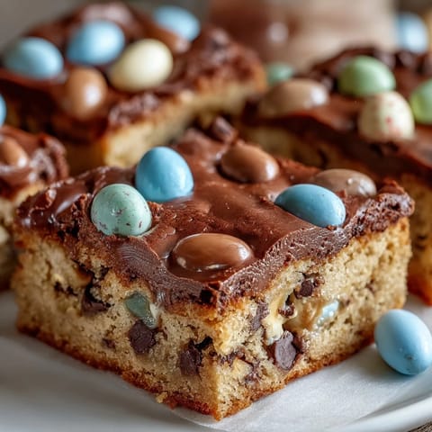 A tray of peanut butter Easter egg cookie bars with colorful candy eggs and gooey chocolate chips.