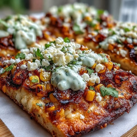 Street Corn Flatbread, perfectly charred, drizzled with zesty jalapeño crema for easy entertaining.