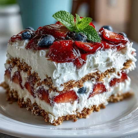 Festive Memorial Day icebox cake, showcasing strawberries, graham crackers, and whipped cream.