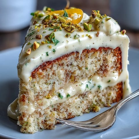 Bright Spring Birthday Lemon Pistachio Cake with creamy frosting and crunchy nuts.