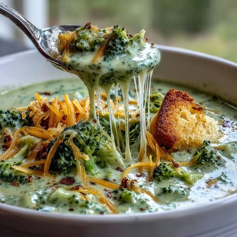 Creamy Broccoli Cheddar Soup recipe with melted sharp cheese, visually appealing and comforting.