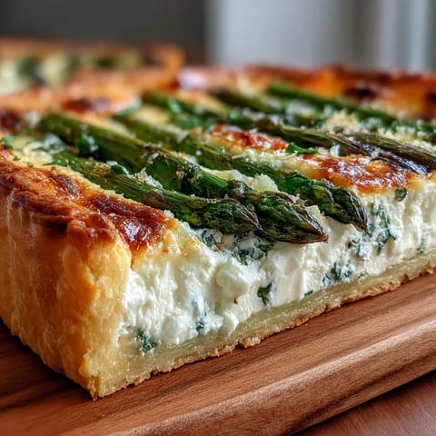 Golden Asparagus Ricotta Tart with vibrant green spears, perfect for brunch.