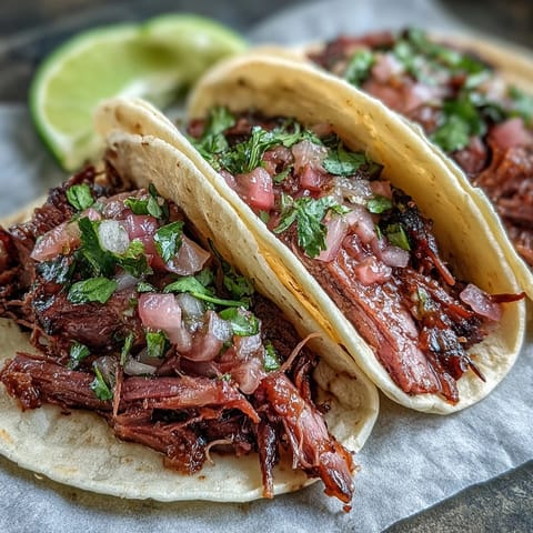 Juicy smoked brisket tacos, perfectly topped with vibrant pickled red onion.