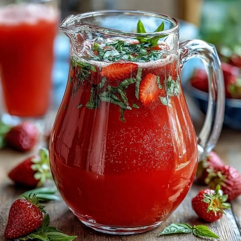 Sparkling Strawberry Basil Lemonade Pitcher for Parties, bright red with fresh basil garnishes.