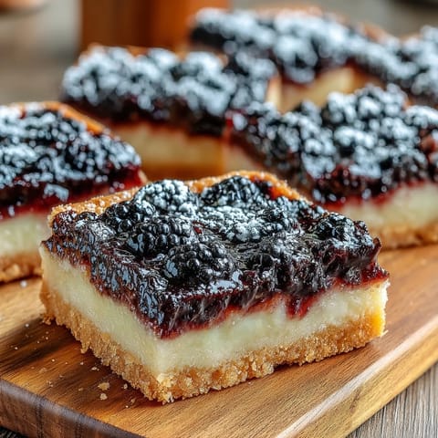 Tangy lemon bars swirled with blackberry over buttery shortbread, a delightful treat.