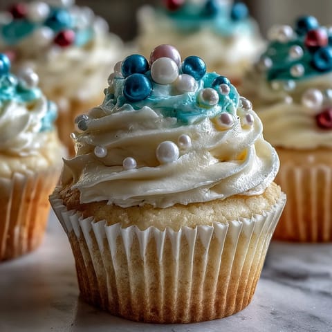 Close-up of Cancer birthday cupcakes, adorned with glistening pearl fondant and fluffy buttercream frosting.