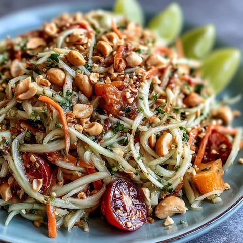Vibrant Thai Papaya Salad with peanuts, bright lime dressing, and fresh crunch.