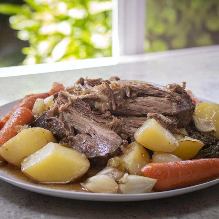 A steaming bowl of slow-roasted beef pot roast, featuring savory vegetables and juicy beef.
