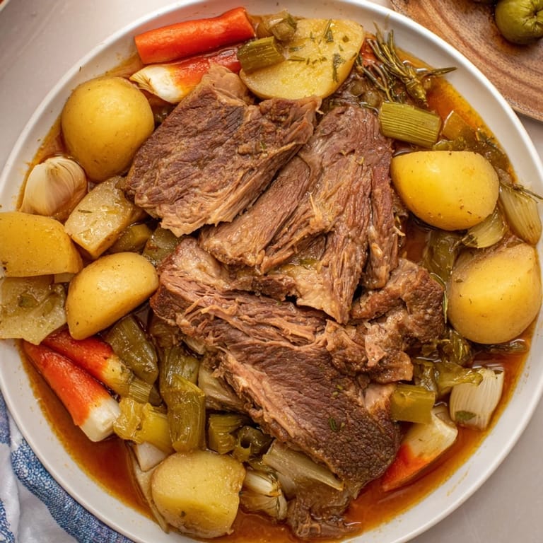 Fork-tender, flavorful slow-roasted beef pot roast, perfect for a hearty and satisfying dinner.