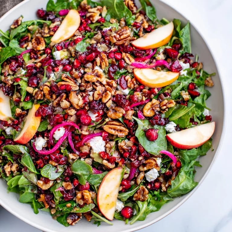 Enjoy the fresh, crisp flavors of this colorful Seasonal Cranberry and Walnut Celebration Salad, drizzled with vinaigrette.