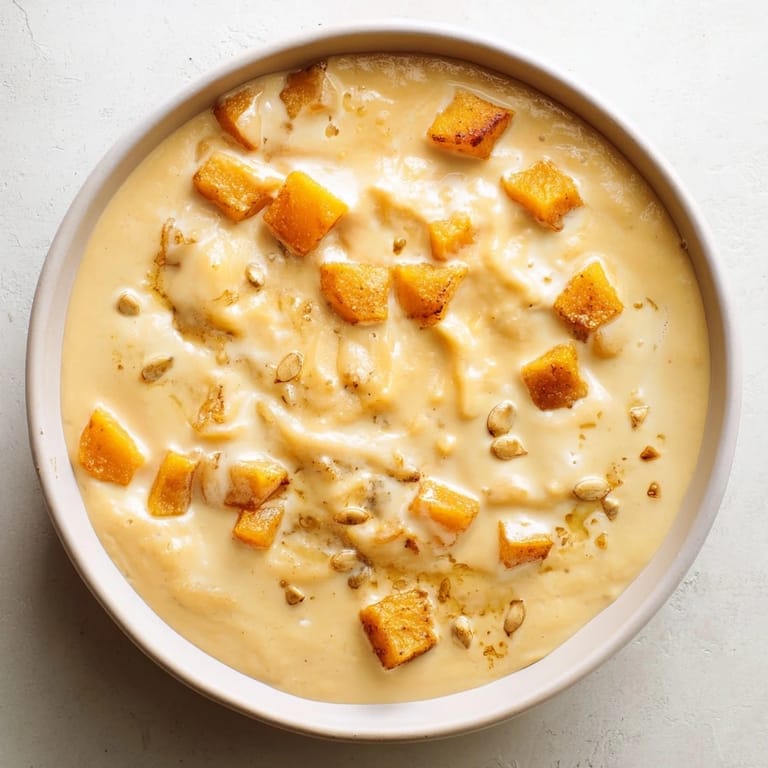 Fragrant creamy roasted pumpkin soup, garnished with vibrant, crunchy toasted pumpkin seeds.