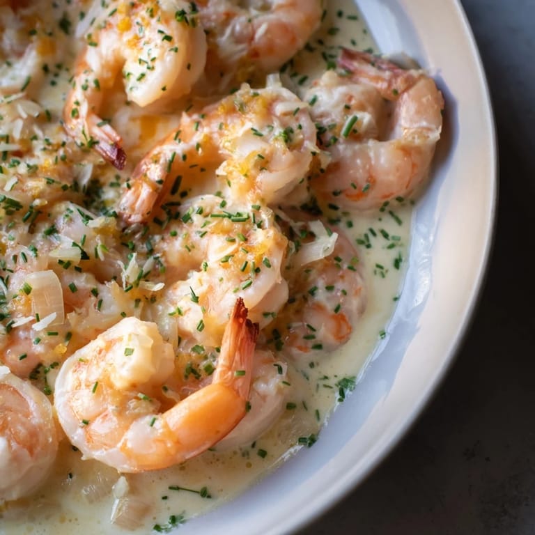 Close-up of the ultimate 20-minute creamy garlic shrimp: savory, tender shrimp in a rich cream sauce.