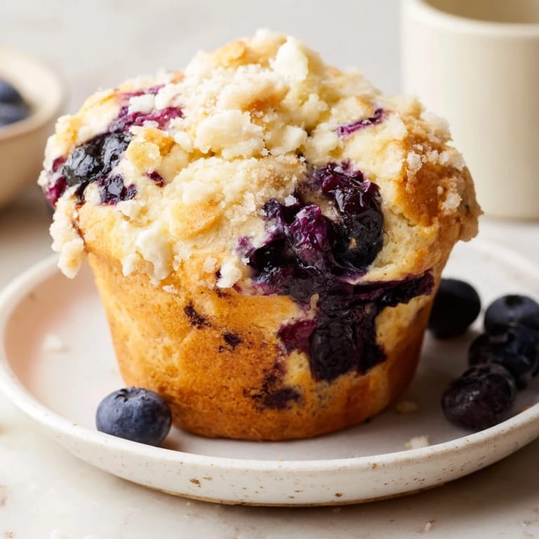 Close-up of a batch of easy homemade blueberry muffins with a crumbly, delicious streusel topping.
