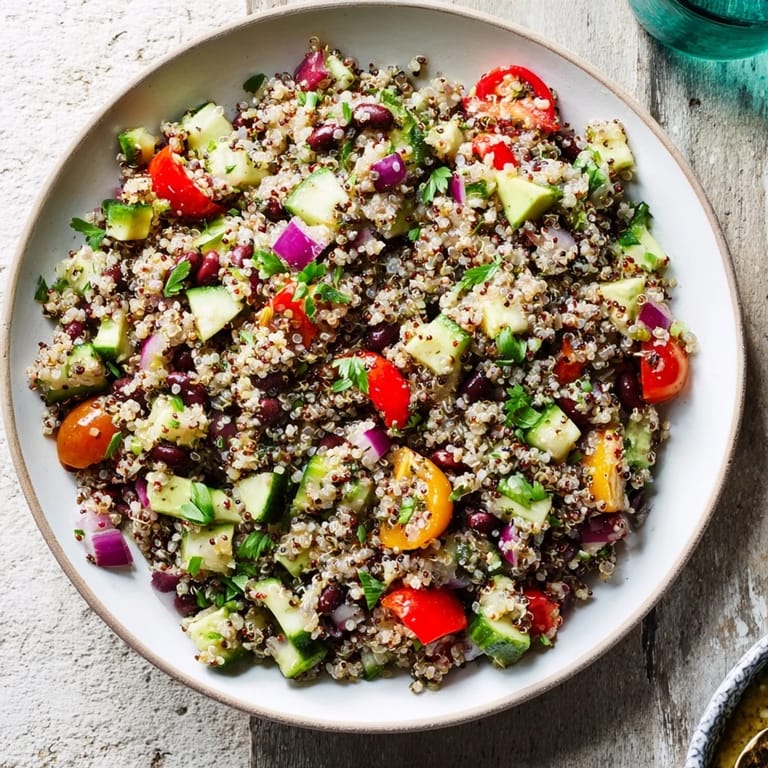 Chilled, hearty quinoa and black bean salad with creamy avocado and bright lime flavors.