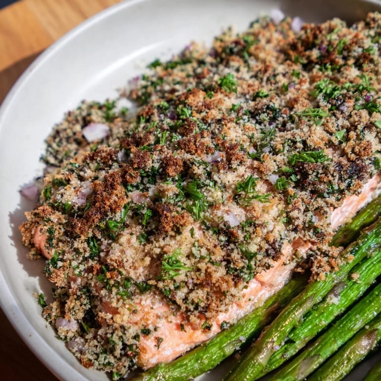 A close-up view of flaky, flavorful Easy Herb-Crusted Salmon and perfectly cooked asparagus.