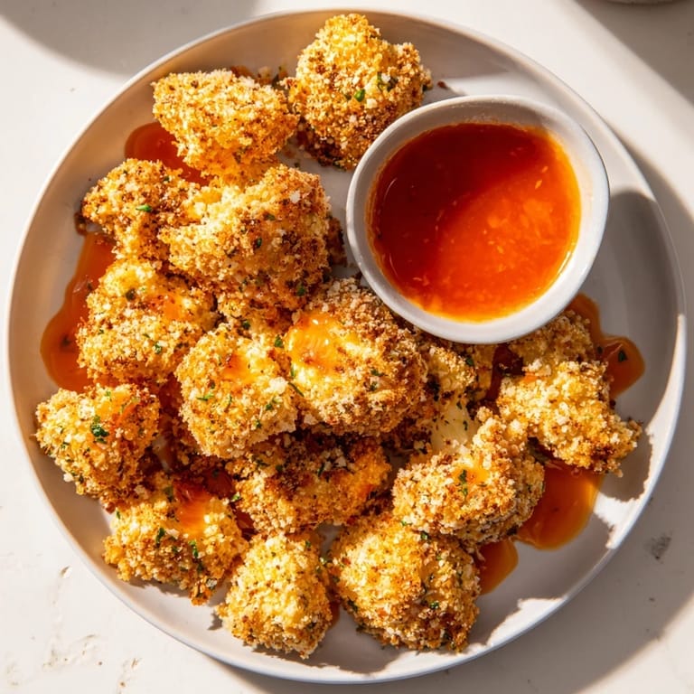 Close-up of perfectly textured air-fryer Buffalo Cauliflower Bites, coated in a glistening, spicy sauce.