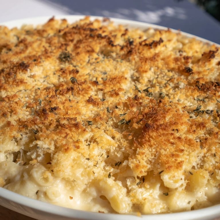 Melting cheese coats tender macaroni in a photograph of the perfect Classic Oven-Baked Macaroni and Cheese.
