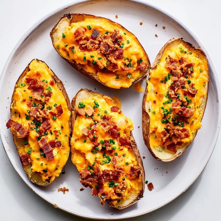 A plate of delicious loaded sweet potato skins with bubbly cheese, the perfect game day appetizer.
