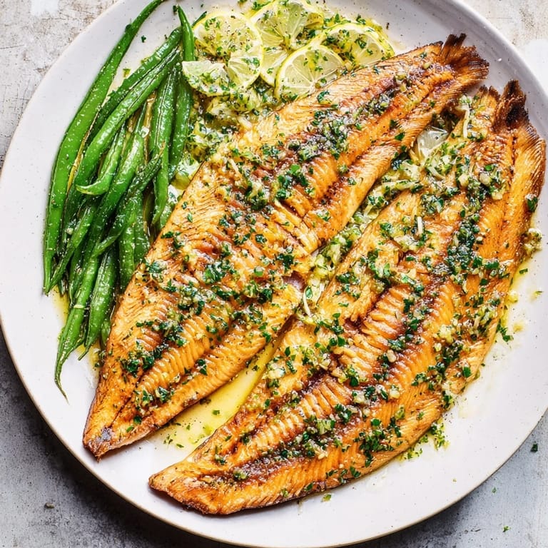 A close-up of sheet pan lemon herb tilapia displays tender fish atop green beans, ready to serve.