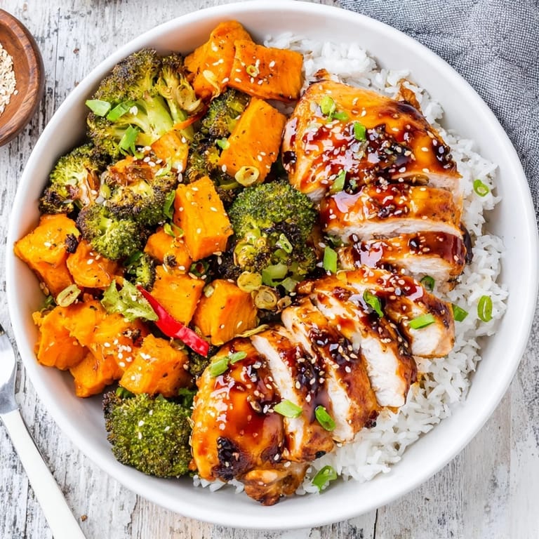 The delicious One-Pot Teriyaki Chicken and Rice Bake is pictured with a glossy sauce, garnished beautifully.