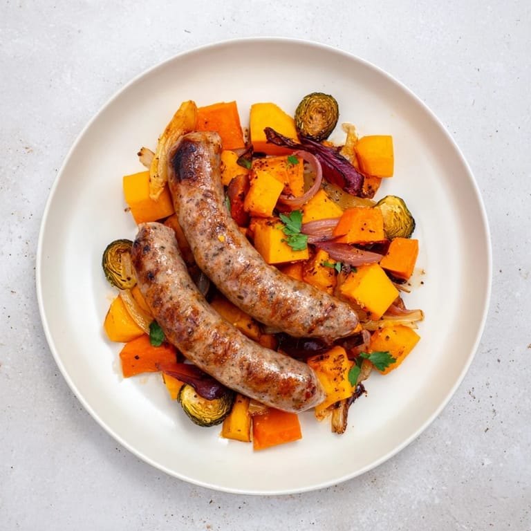 Flavorful sheet pan sausage and autumn veggie medley served; imagine the tender, roasted vegetables.