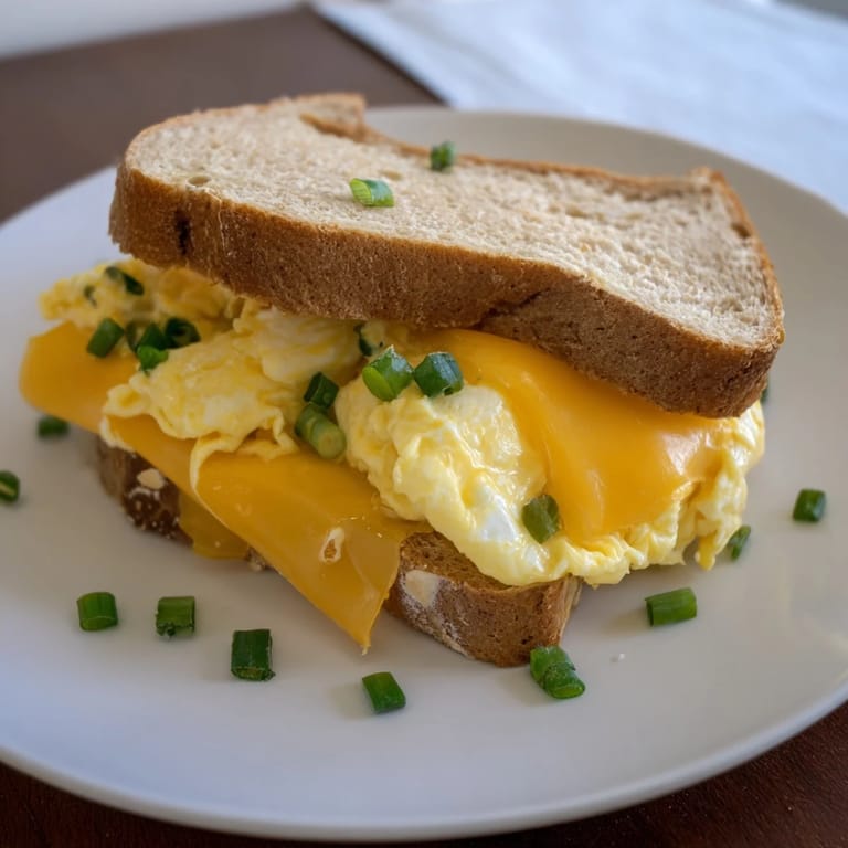 Golden-brown One-Pan Egg Breakfast Sandwich, perfectly stacked and filled with cheesy eggs.
