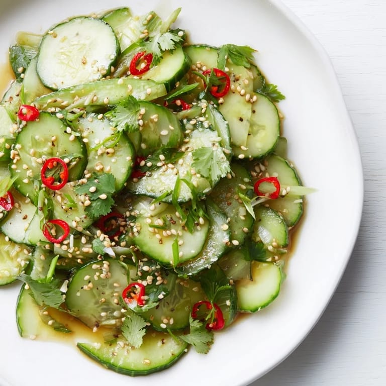 Close-up of freshly made Tangy Shaken Asian-Style Cucumber Salad; crunchy cucumbers with a bright, tangy dressing.