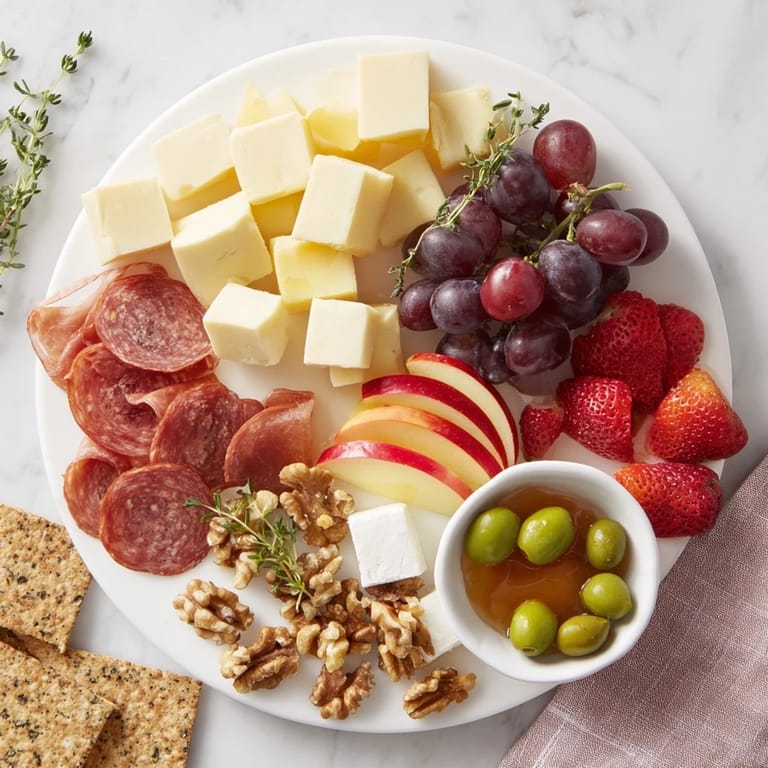 This easy quick charcuterie snack board presents a delicious spread of cheeses, fruits, and meats to enjoy.