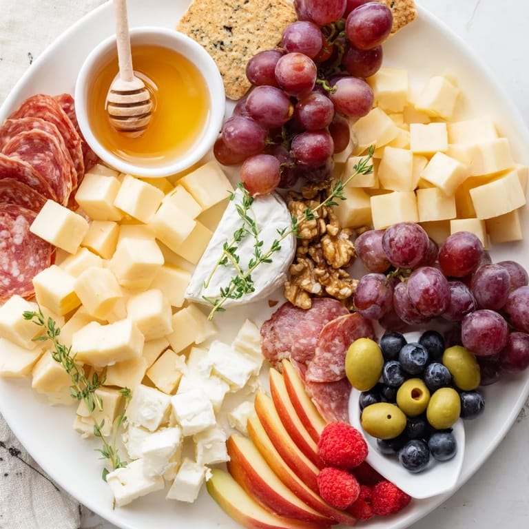 A close-up of quick charcuterie snack board featuring Brie, cheddar, salami, and delicious fresh grapes ready to eat.