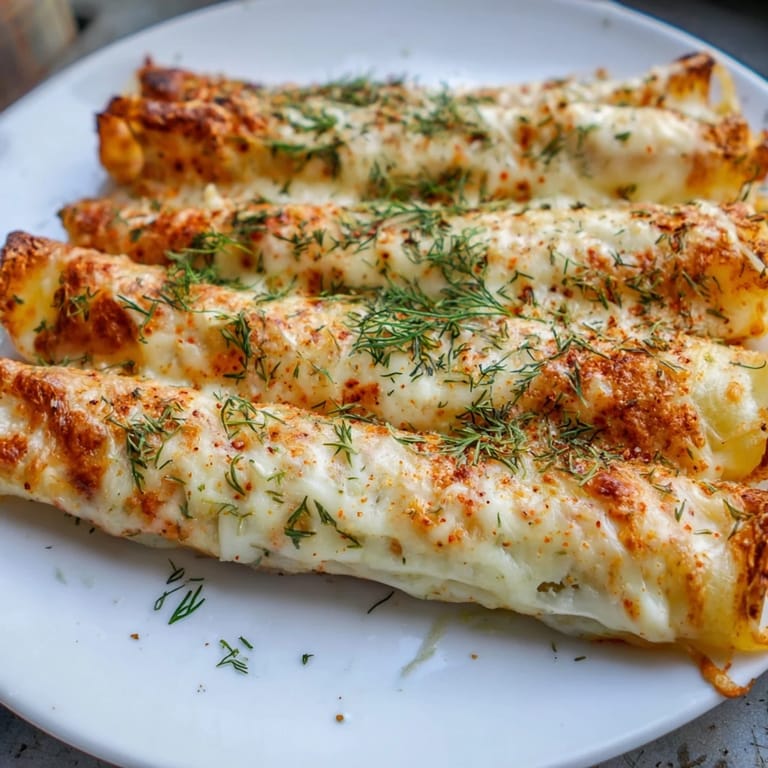 A close-up of golden Melted Cheese Pickle Rolls, showing the crunchy texture and melted cheese surrounding dill pickles.