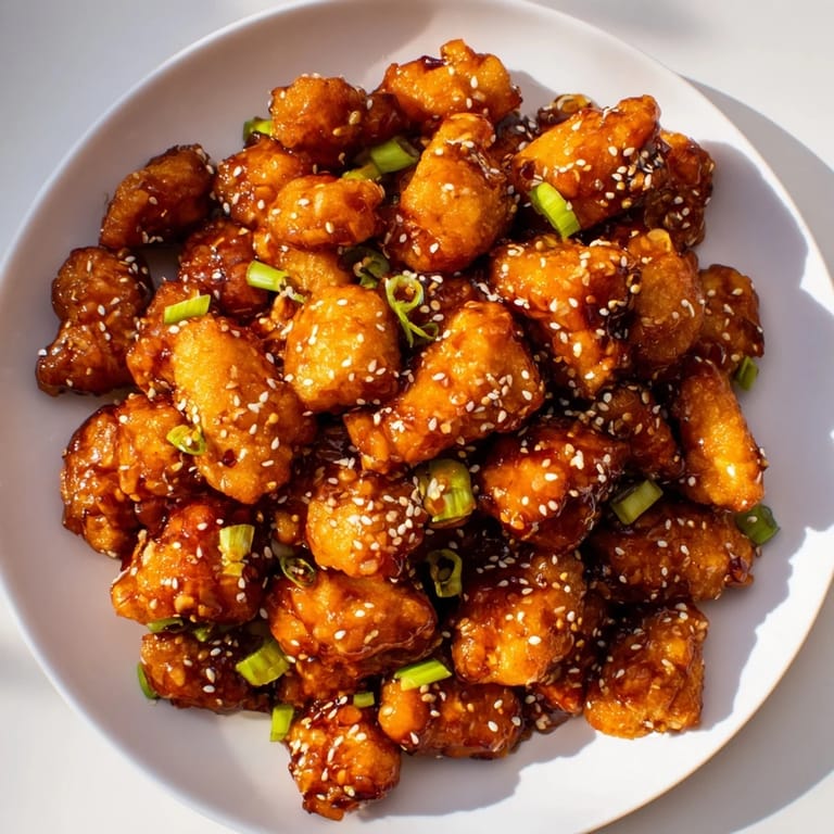 Close-up of freshly cooked Honey-Sriracha Chicken Bites, with a glistening, vibrant sauce and green onions.