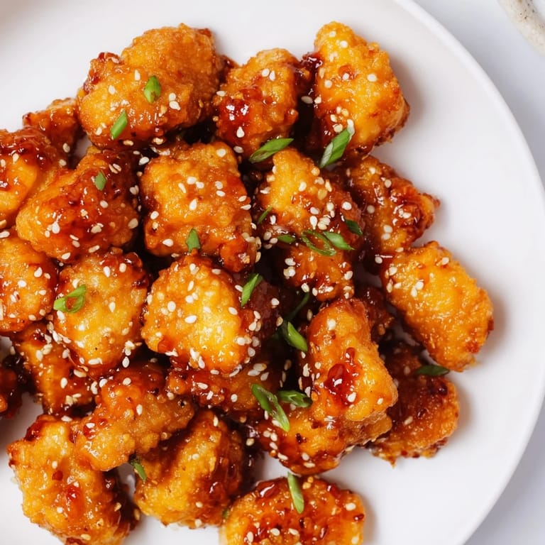 Golden, bite-sized Honey-Sriracha Chicken Bites piled high, ready to enjoy with sesame seeds.