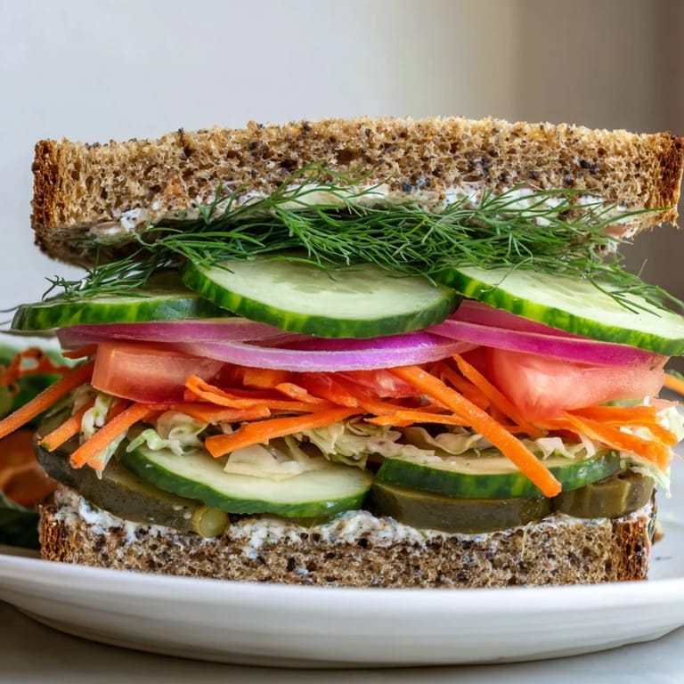 A close-up of a vibrant crunchy dill pickle sandwich, ready to bite into and enjoy.