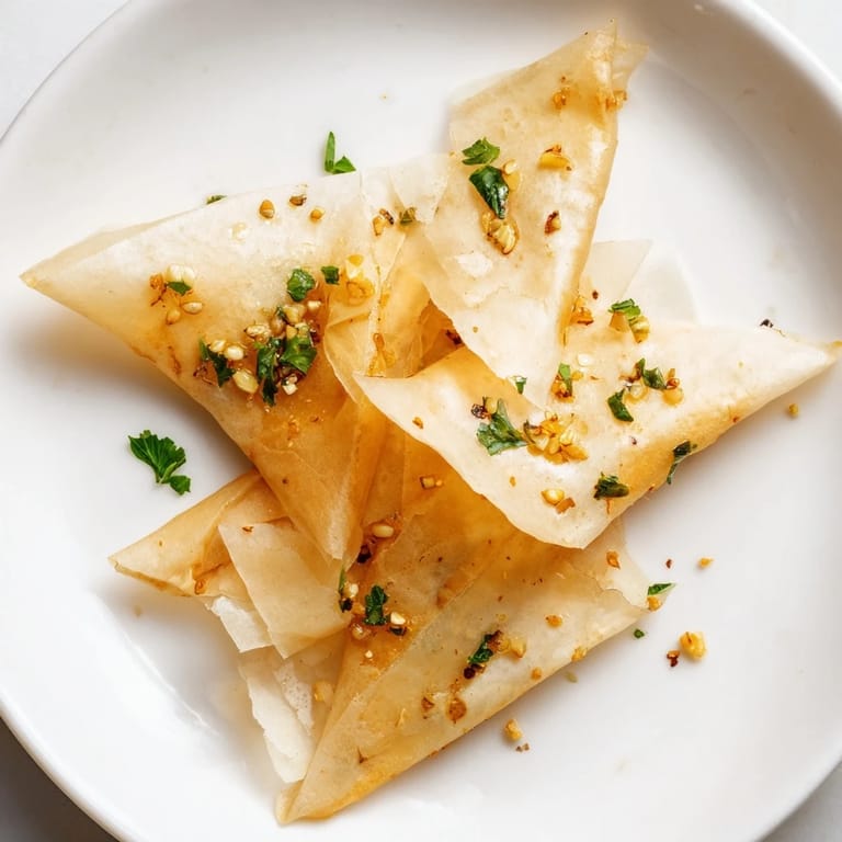Freshly fried garlic lumpia chips, thin and aromatic, perfect for dipping in sweet chili sauce.