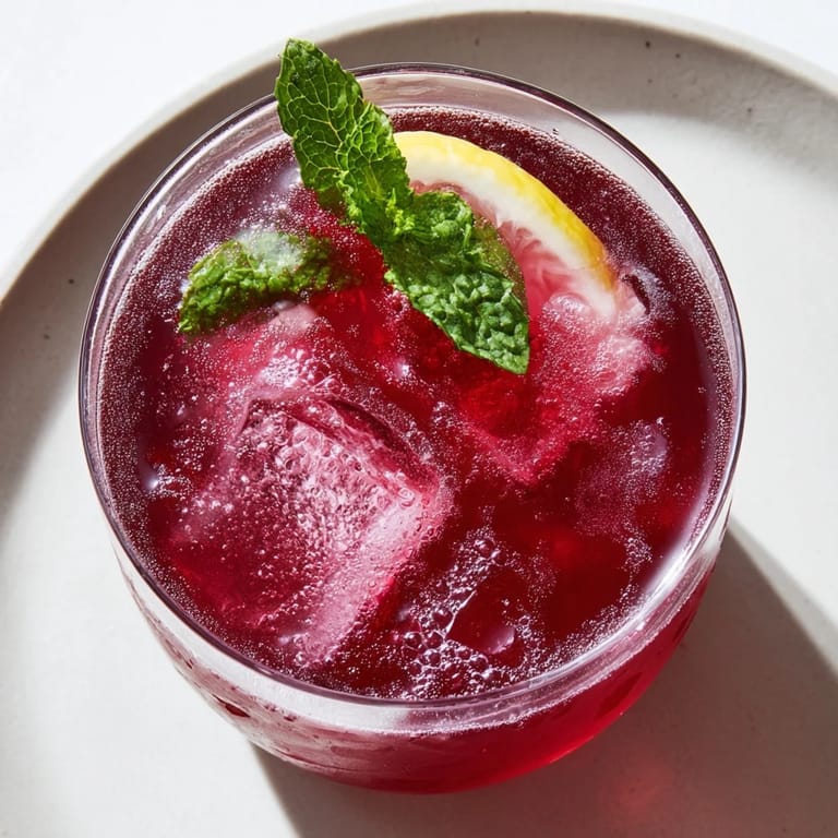 Enjoy a refreshing Sleepy Girl Cherry Mocktail: a glass filled with a bubbly, ruby-red drink.
