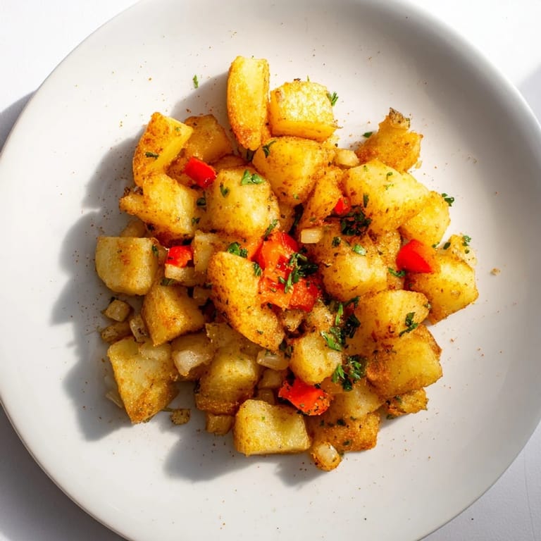 A close-up of air fryer breakfast potatoes, showing the perfectly cooked, seasoned potatoes, ideal for a vegan breakfast.