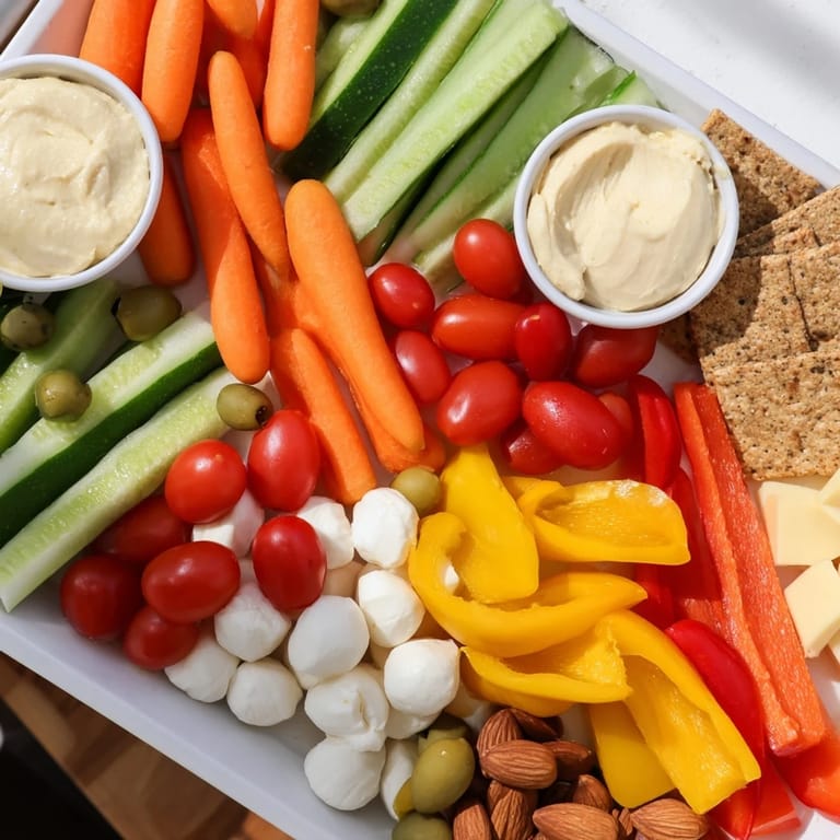 Delectable veggie snack board appetizer with cheese, crackers, and olives creates a perfect, easy adult lunch.